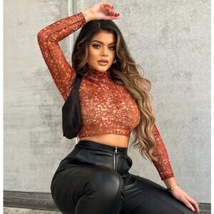 Jolie & Joy M Mesh Top Sheer Turtleneck Animal Print Cyber Glam‎ Y2K Alt Cropped